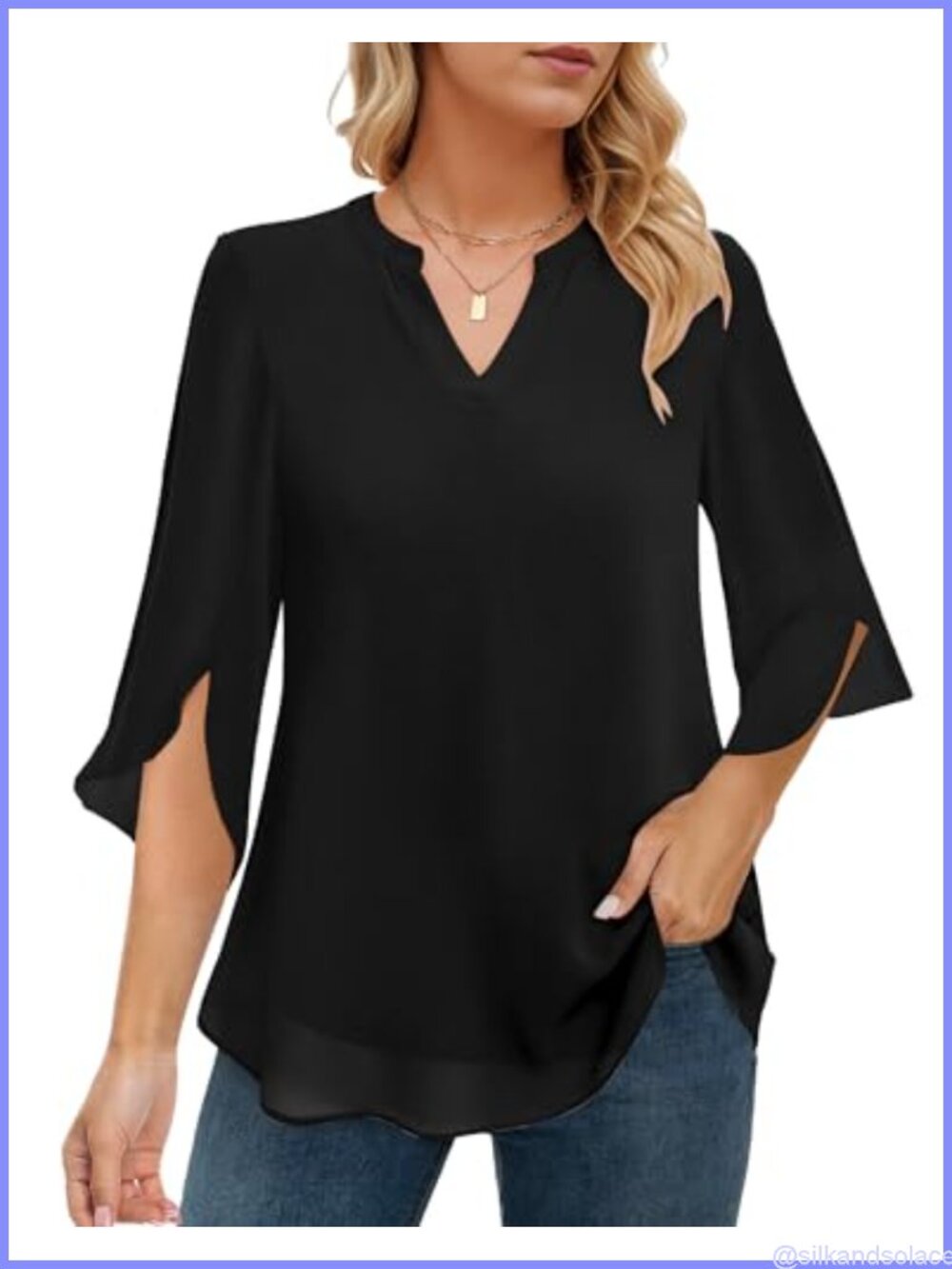 Women's Chiffon Blouse 3/4 Split Bell Sleeve Tunic Top